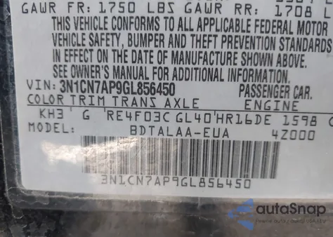 2016 Nissan Versa 1.6 S z USA, uszkodzony, nr VIN 3N1CN7AP9GL856450